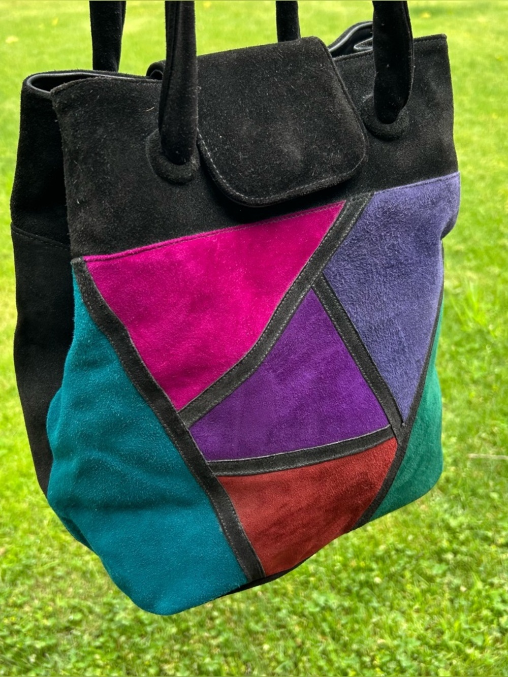 Stuart Weitzman Black Suede Patchwork Pattern Bucket Bag Crossbody Purse